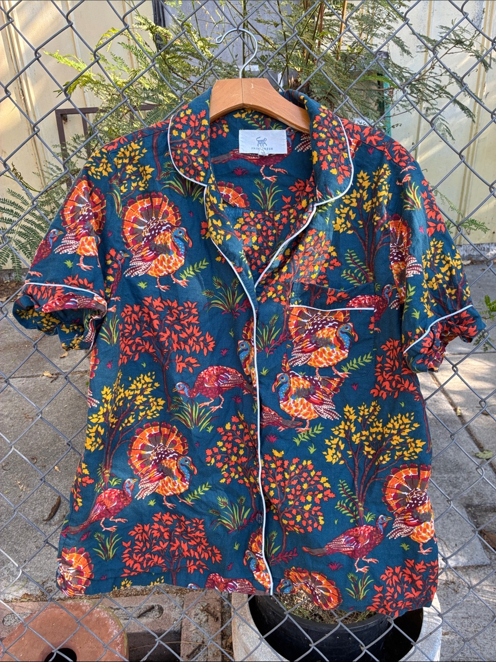 Printfresh Teal Short-Sleeve Button-Down Pajama Shirt with Autumn Turkey Print